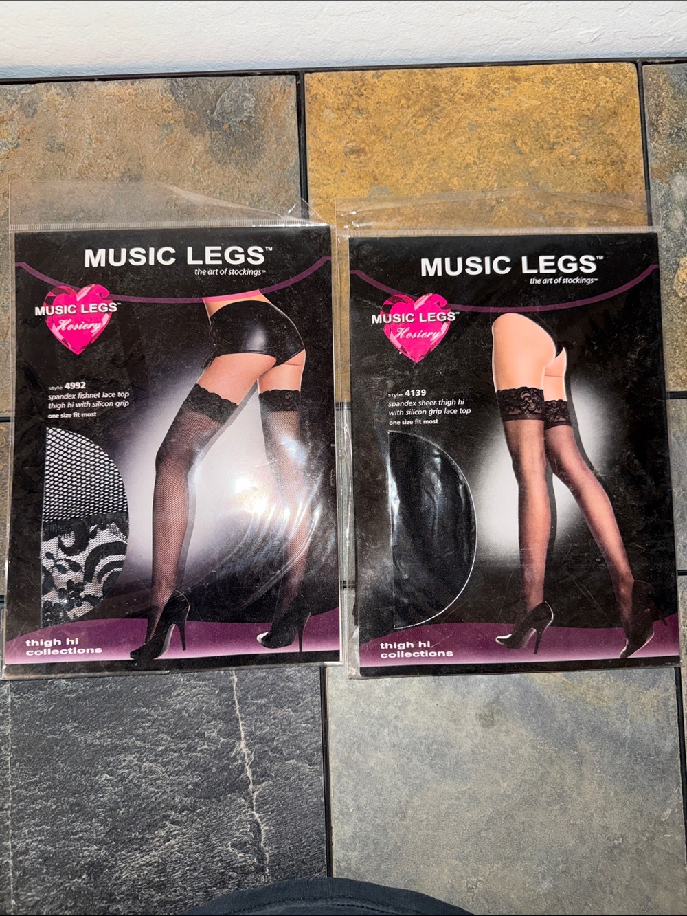 Music Legs Thigh High Stockings Bundle Fishnet and‎ Sheer Lace Top Black O/S